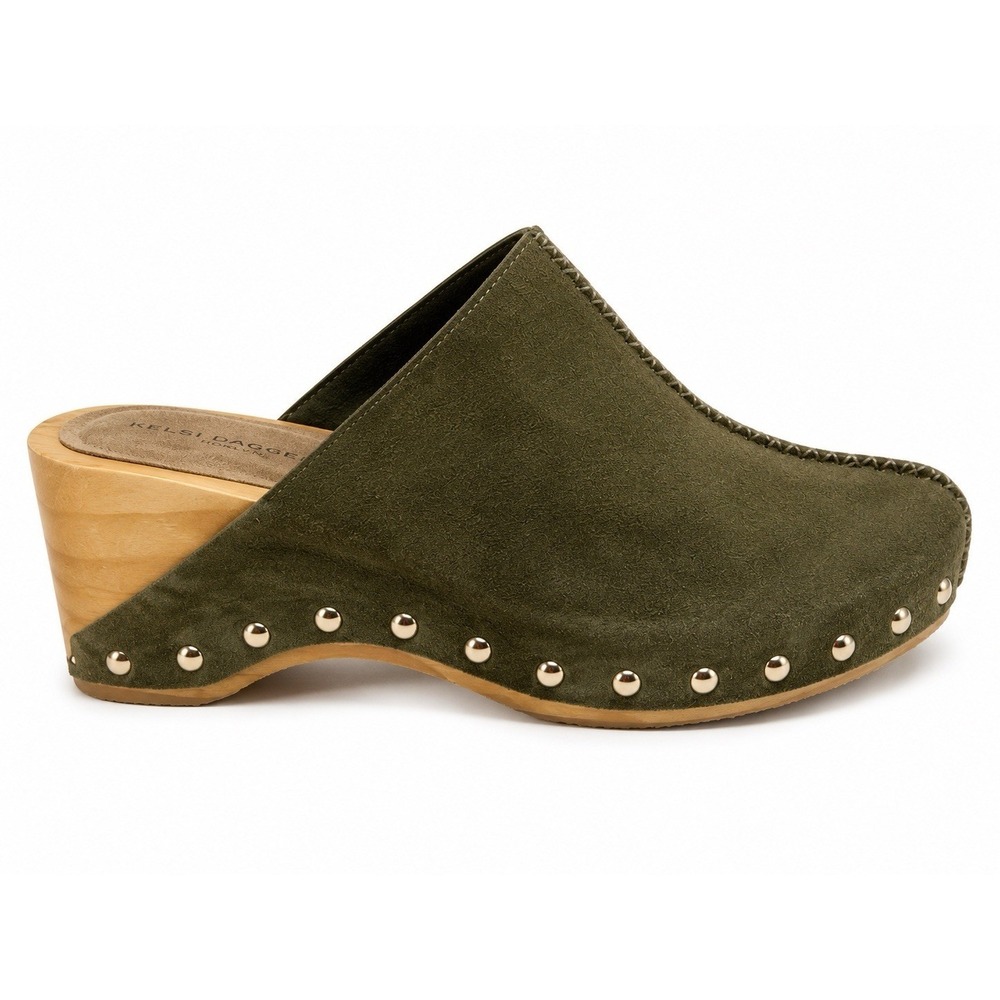 Kelsi Dagger Clogs 7.5 Olive Green Suede Boho Chic Studded Wooden Platform Mule